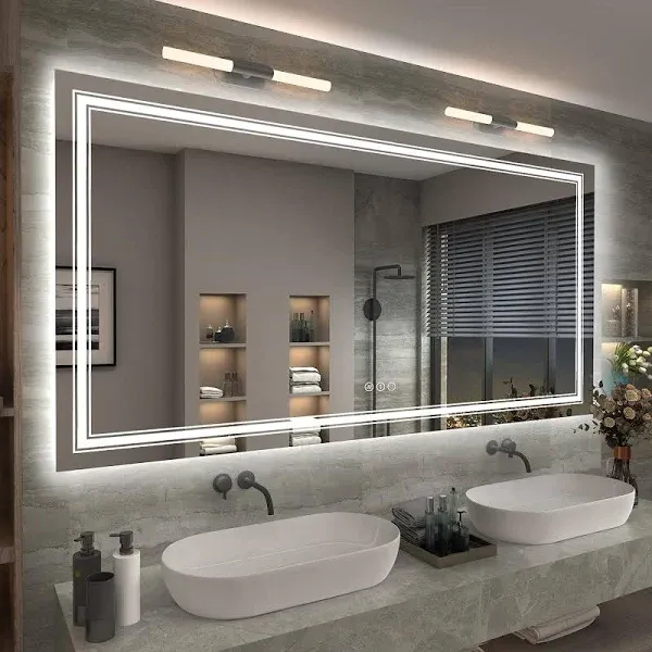 H Large Rectangular Frameless Double LED Lights Anti-Fog Wall Bathroom Vanity Mirror in Tempered Glass