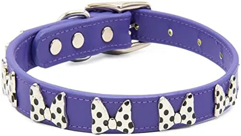 Vegan Leather Dog Collar - Disney Purple PU w Silver Cast Minnie Mouse