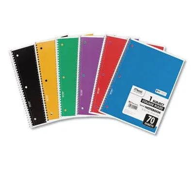 Spiral Notebook, 1 Subject, Wide/Legal Rule, Assorted Color Covers, 10.5 x 7.5, 70 Sheets