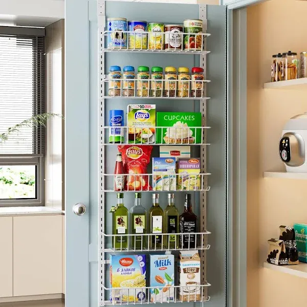 Delamu Over the Door Pantry Organizer, Adjustable Pantry Door Organizer, 6-Tier Over the Door Spice Rack, Metal Over the Door Organizer, Kitchen Pantry Organizers and Storage, D5 W16.6 H52.1 in, White