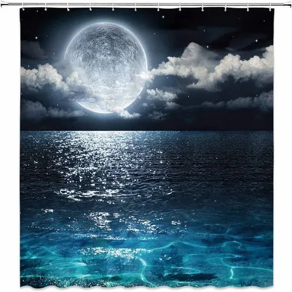 Moon Shower Curtain Full Moon Over Sea Ocean Clouds Planet Star Sky Dreamy Ni...