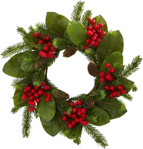 Nearly Natural Magnolia Leaf, Berry and Pine Artificial Wreath