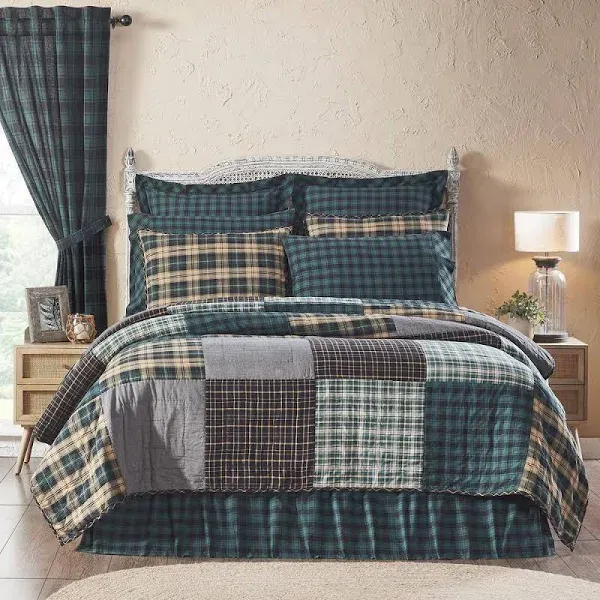 Pine Grove Patchwork Luxury King Quilt. VHC Brands. Green, Black, Tan