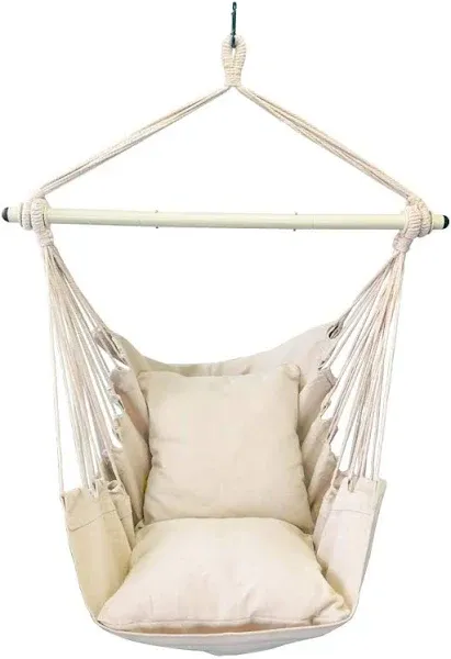  Hammock Chair Hanging Rope Swing - Max 500 Lbs - 2 Cushions Included - Beige