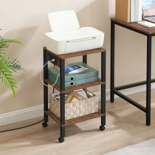 HOOBRO 3-Tier Printer Stand with Charging Station, Under Desk Printer Table, Printer Cart with Storage Shelves, Printer Shelf for Small Spaces, for Home Office, Rustic Brown and Black BF63UPS01