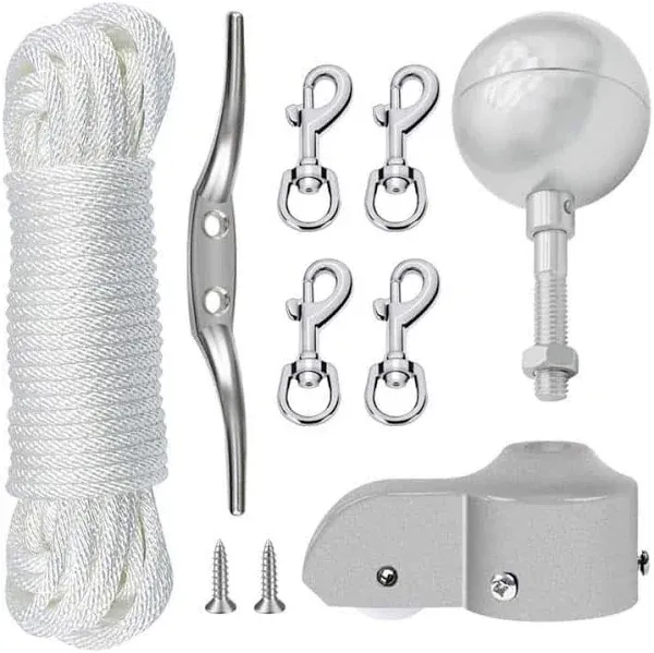 Flag Pole Hardware Repair Kit 3&#034; Silver Ball + 50 Ft Halyard Rope