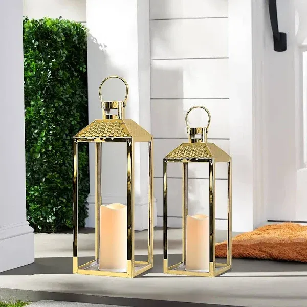 Lanterns Decorative Outdoor Set of 2 19’’&15.5’’ Modern Stainless Steel Lanterns with LED Candles Large Decorative Candle Lanterns for Living Room Indoor Outdoor Porch Patio Home Decor