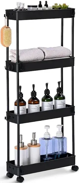 Altsuceser Slim Rolling Storage Cart, 4 Tiers Bathroom Organizer Utility Cart Slide Out Storage Shelves, Mobile Shelving Unit Organizer Trolley for Office Bathroom Kitchen Laundry Room Black