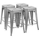 Furmax 24 Inches Metal Bar Stools High Backless Indoor-Outdoor Counter Height Stackable Stools Set of 4(Silver)