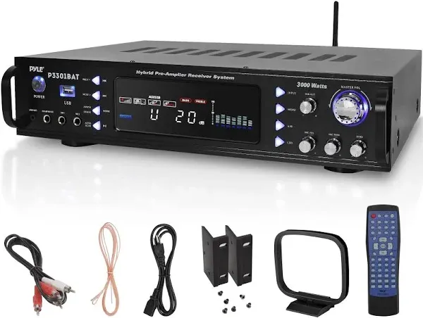 Pyle Wireless Bluetooth Home Stereo Amplifier - Hybrid Multi-Channel 3000 Watt Power Amplifier Home Audio Receiver System w/AM/FM Radio, MP3/USB,AUX,RCA Karaoke Mic in - Rack Mount, Remote-P3301BAT.5