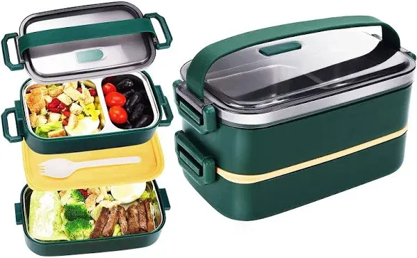 Stainless Steel Bento Box for Adults&Kids,Japanese Leakproof Lunch Box Divided Food Meal Storage Containers Set Stackable 2 Layer for Children School Picnic Green