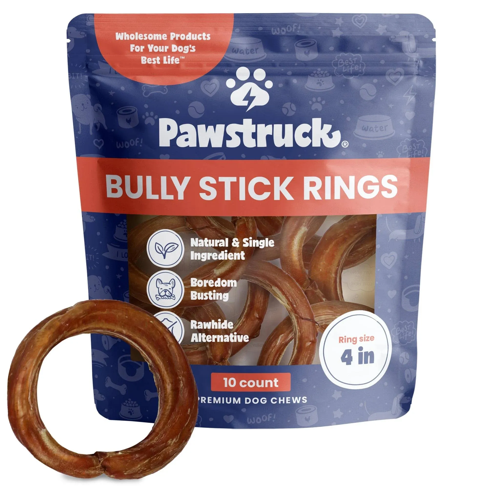 Pawstruck All-Natural 4 Bully Stick Rings for Dogs - Rawhide Free 100% Beef Single Ingredient Dental Chew Treat Bones - Fully Digestible Low Odor - 10