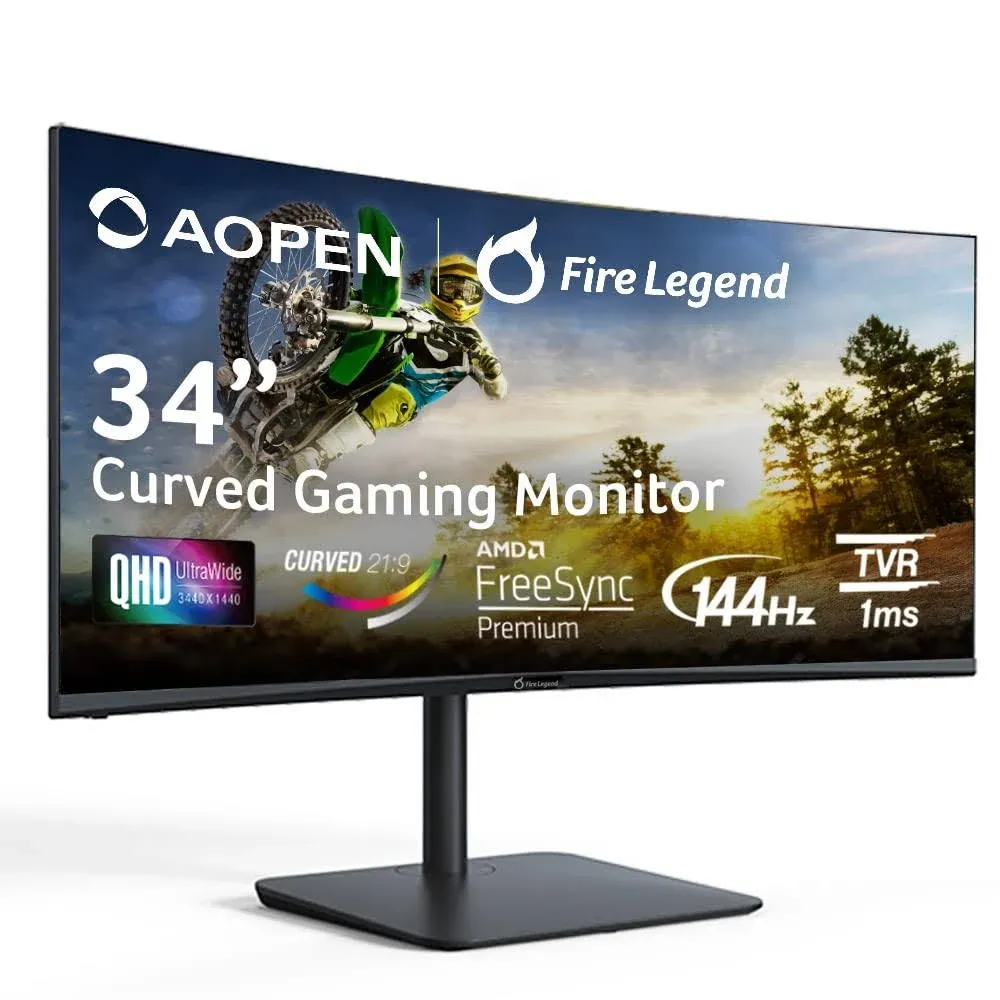 AOpen 34HC5CUR Pbmiiphx 34" 1500R Curved Zero-Frame Uwqhd (3440 x 1440) VA Gaming Monitor AMD FreeSync Premium Technology Up to 144Hz 1ms 21:9 2 x HDM