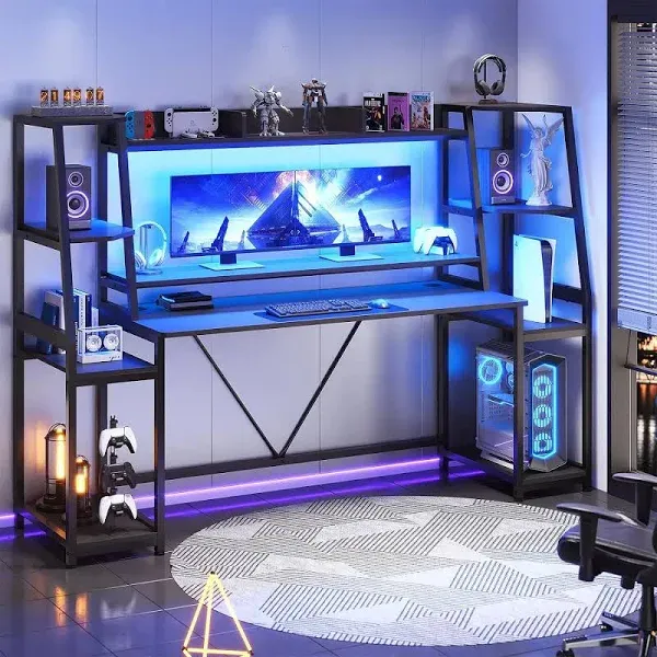 Gaming Desk with LED Lights, Hutch, Storage Shelves, and PC Gamer Desk