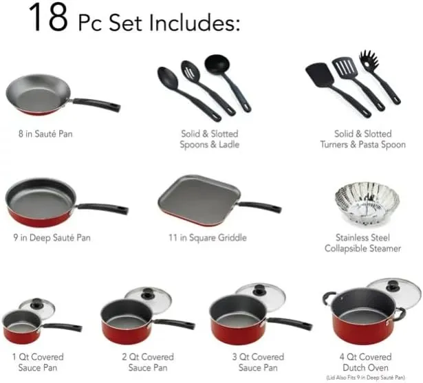 Tramontina Primaware 18Piece Non-stick Cookware Set Red Cookware Dishwasher-saf<wbr/>e