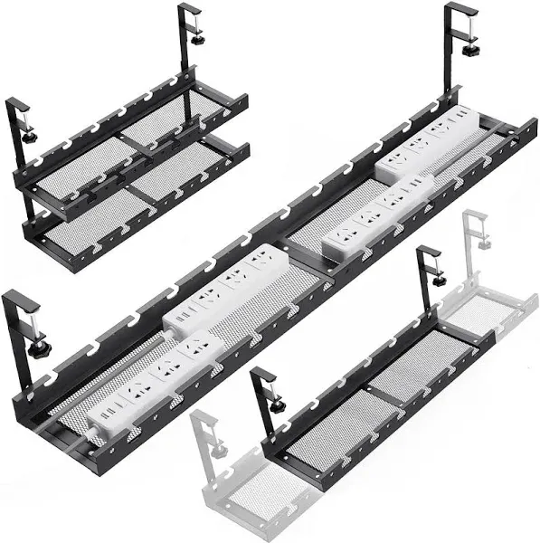 SRJZMLY 31inch Extendable Under Desk Cable Management Tray, Metal Cable Management Tray Under Desk Cord Management with Clamp, Extendable Power Strip