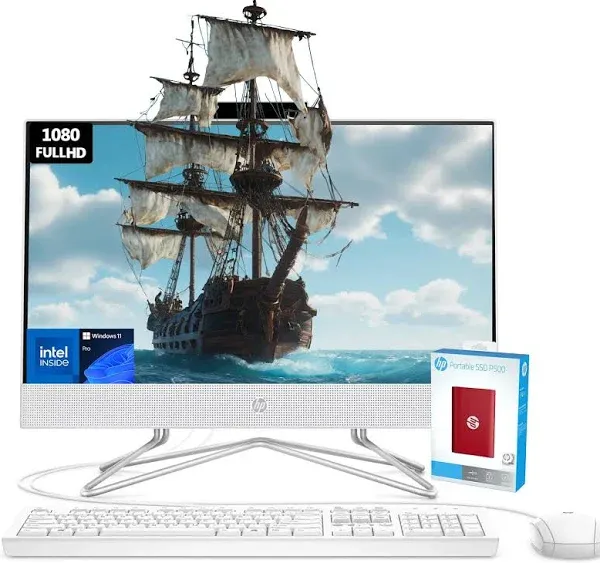 HP Newest All-in-one Computer | 21.5" FHD Anti-Glare Display | 32GB RAM | 1TB SSD (512GB PCIe & P500 500GB External) | Intel Dual-Core Processor | Ethernet (RJ-45) | HDMI | Webcam | Windows 11 Pro