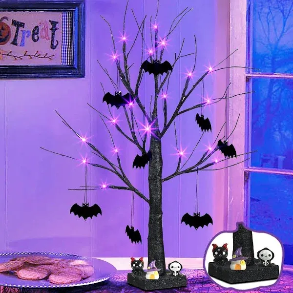 EAMBRITE Halloween Tree, 2FT Black Spooky Tree with 24 LED Purple Lights and 8 Bats, Battery Operated Cute Centerpieces Tabletop Black Tree with Timer for Halloween Decorations Indoor Home Fireplace