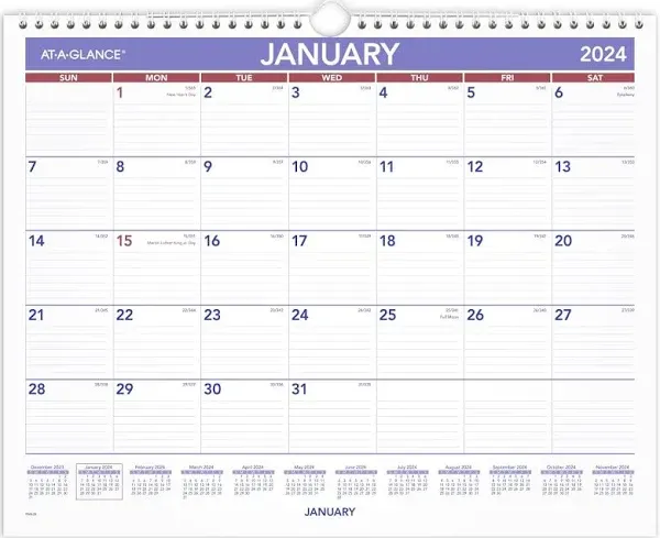 AT-A-GLANCE® Monthly Wall Calendar with Ruled Daily Blocks, 12 x 17, White Sheets, 12-Month (Jan to Dec): 2025 (AAGPM228)