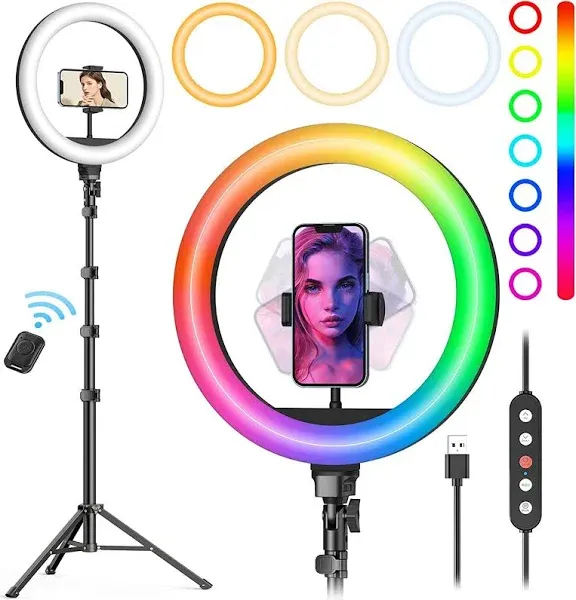 10&#034; Selfie Ring Light with Tripod Stand 72&#039;&#039; Tall Phone Holder 38 Color Modes