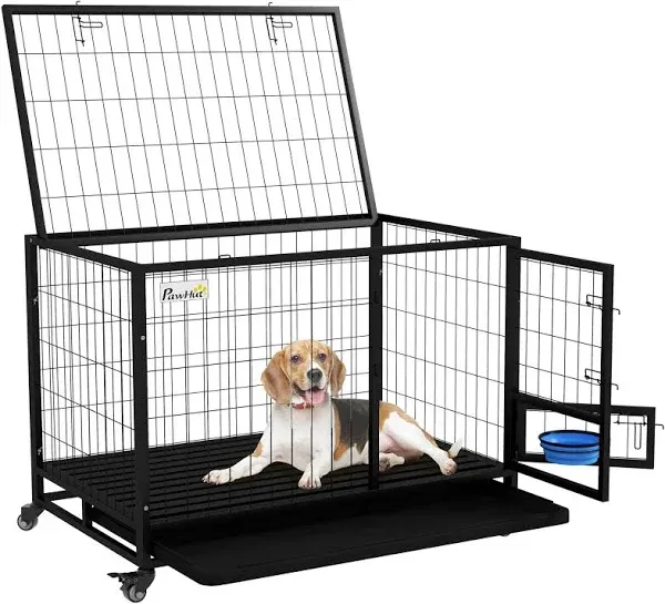 PawHut 36" Heavy Duty Dog Crate with Bowl Holder, Strong Steel Dog Cage Kennel with Wheels, Detachable Door, Openable Top and Removable Tray for Large and Extra Large Dogs, Black