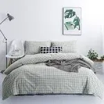  Duvet Cover 100% Washed Cotton Plaid Duvet Cover Set 3 Queen Green Gingham