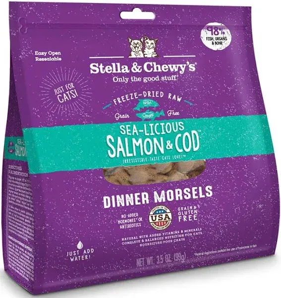 Freeze-Dried Raw Cat Food - Sea-Licious Salmon &amp; Cod Dinner Morsels, 3.5 oz