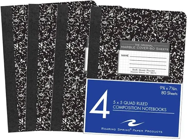 ROARING SPRING Graph Ruled Hard Cover Composition Book, 4 Pack, 9.75" x 7.5" 80 Sheets, Black Marble Cover