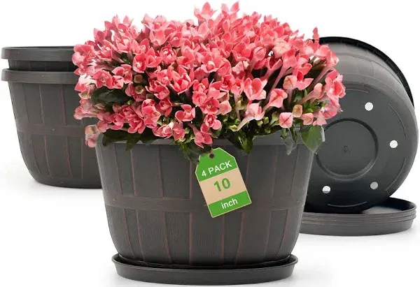  10 inch Plastic Flower Pots for Indoor Plants，4 Pack Large 10 inches Brown