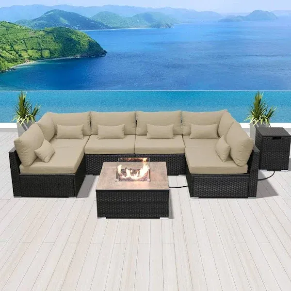 Dineli Patio Furniture Sectional Sofa with Gas Fire Pit Table Outdoor Patio Furniture Sets Propane Fire Pit (red-Rectangular Table)