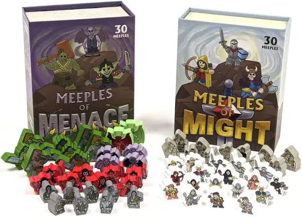 Meeples of Might & Menace | 60 Pack of 16mm Minis Wooden Fantasy Meeple Miniatures Tabletop Role Playing RPG | Complete Set