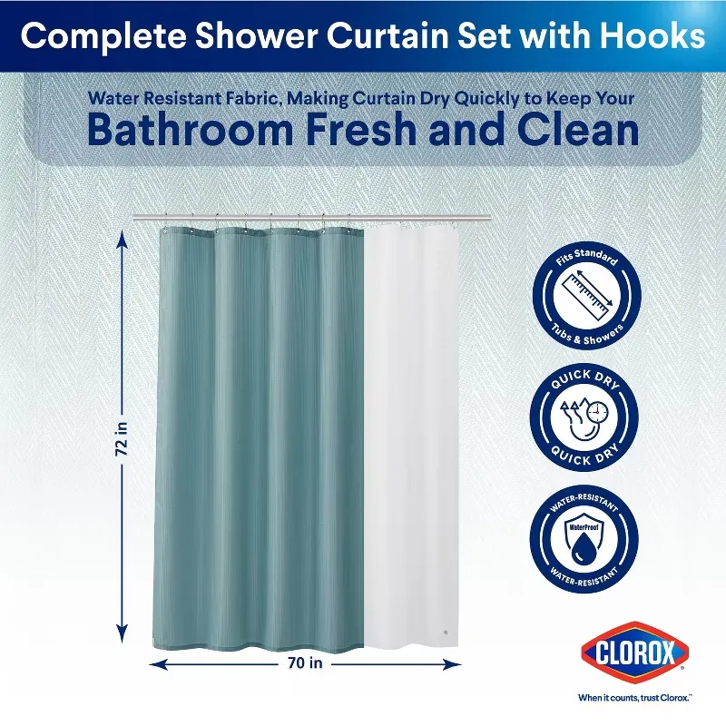 Clorox Bathroom Shower Curtain with Waterproof Lightweight PEVA Liner Set