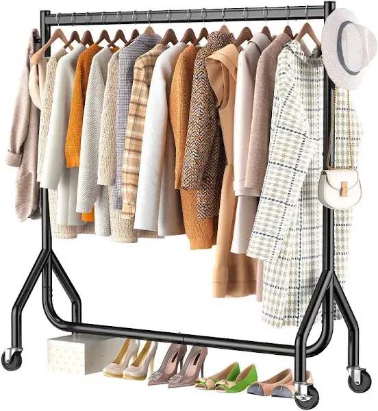 Clothes Clothing Rack, Rolling Heavy Duty Clothes Rack Load 420 LBS With Wheels, Metal Clothes Rack for Hanging Clothes, Portable Standing Clothes Garment Rack, Black,4 inches