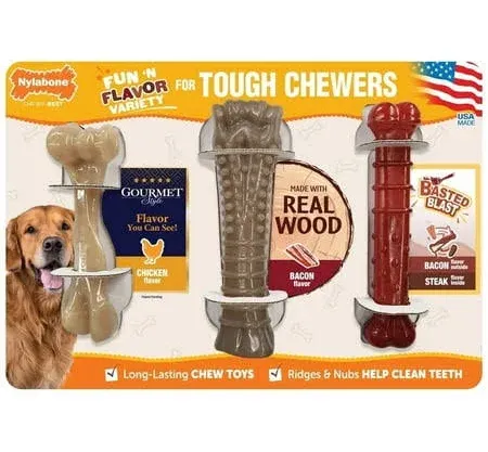 Nylabone Tough Dog Chew Fun &#039;N Flavor Variety Pack, 3-count for Tough Chewers