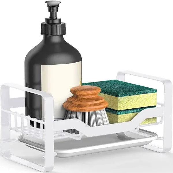 Kitchen Sink Caddy Sponge Holder,Sponge Holder for Kitchen Sink,Kitchen Sink Organizer for Soap Brush Dispenser,Countertop Sink Caddy Organizer with Removable Drain Tray