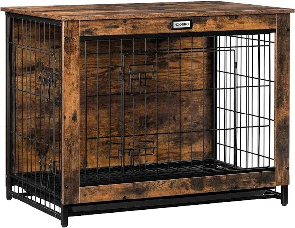 HOOBRO Dog Crate Furniture Large Dog Kennel Wooden Pet Furniture with Pull-Out Tray Home and Indoor Use Double Doors Modern Side