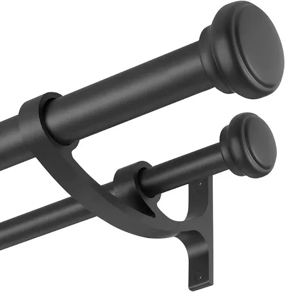 Exclusive Home Topper Double Curtain Rod and Finial Set, Matte Black, 36&#034;-72&#034;