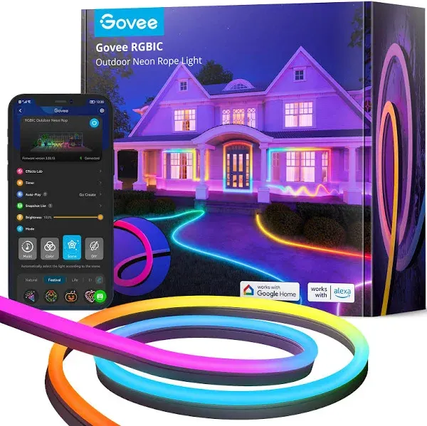 Govee Outdoor Neon Rope Lights, 65.6ft RGBIC IP67 Waterproof Christmas Decorations with 64 Scene Modes, Music Sync, Flexible LED Outdoor Lights, Christmas Lights Work with Alexa, Google Assistant