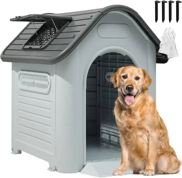 39.4&#039;&#039; Large Dog House Outdoor Plastic Doghouse Pet House w/ Skylight Elevated