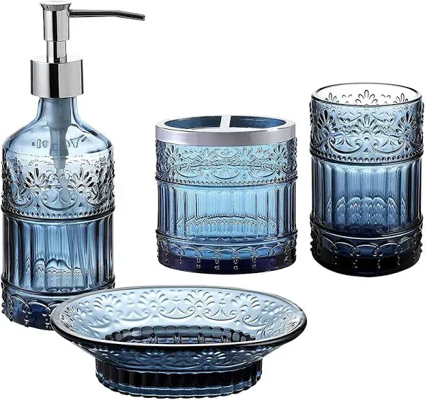 WHOLE HOUSEWARES | Premium Bathroom Accessory Set | 4-Piece Decorative Blue 