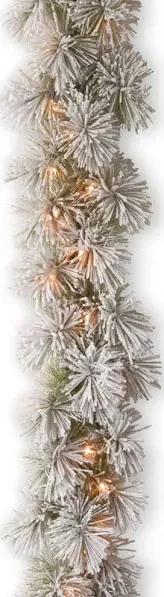 National Tree Company Snowy Bristle Pine Garland with Clear Lights