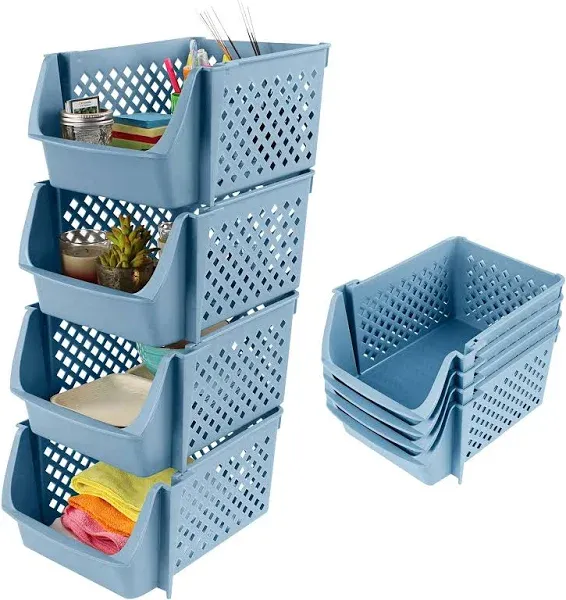 Spec101 Plastic Stackable Storage Bins - 4pc Blue Pantry Closet Organizer Bins