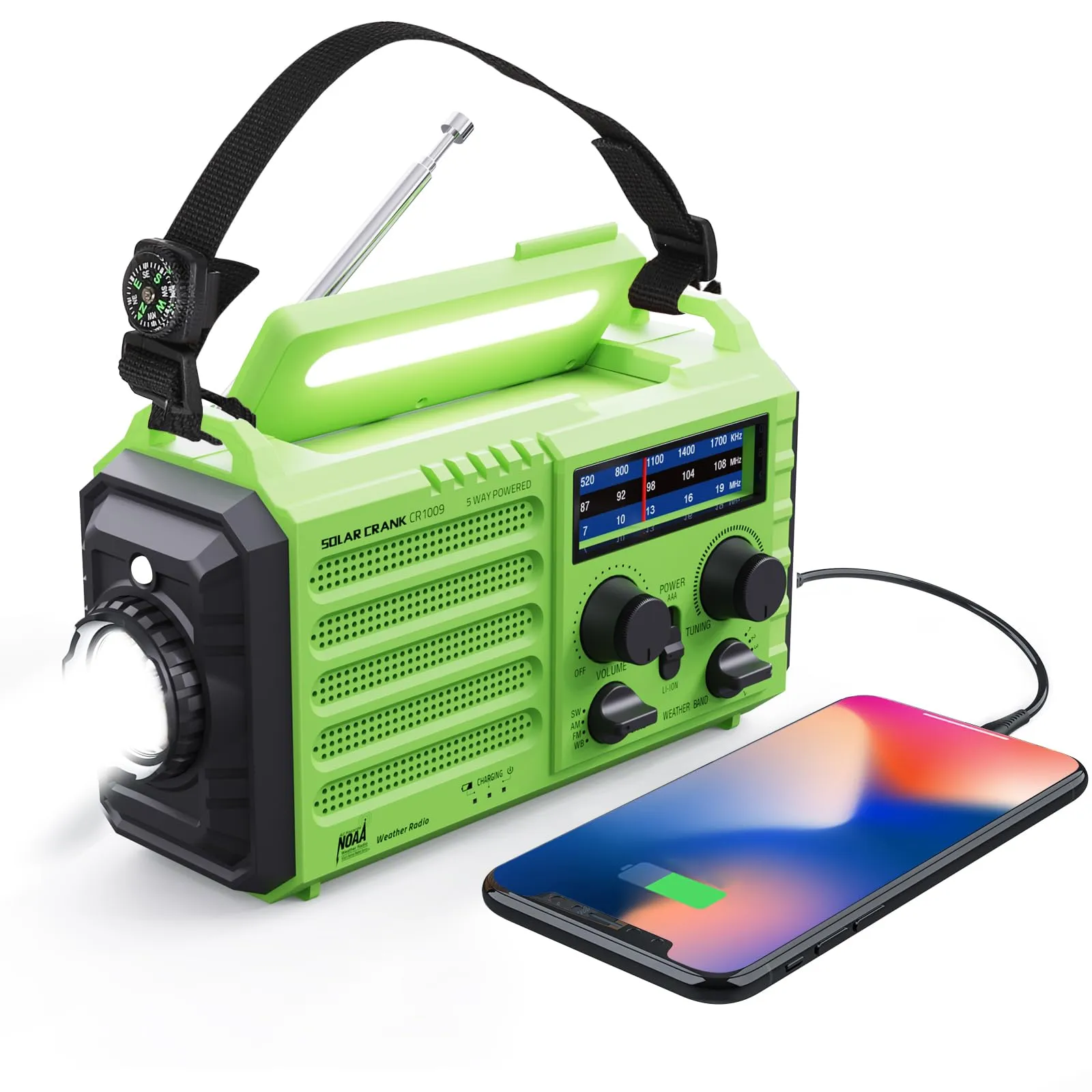 Emergency Radio Hand Crank Solar, Am/fm/sw NOAA Weather Radio, Portable Battery Operated Radio with Cell Phone Charger, 3W LED Flashlight & Reading La