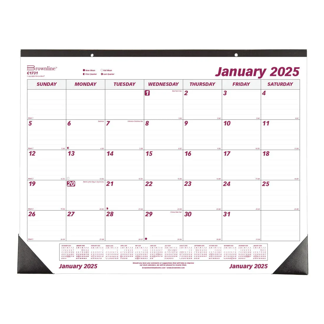 2025 Brownline Monthly Desk Pad Calendar, 22&quot; x 17&quot;, Burgundy/White, January to December, C1731