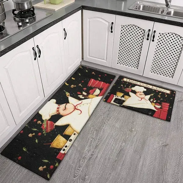 2 PCS Kitchen Rugs and Mats Washable Non Skid, Soft Super Absorbent Fat Chef Kitchen Mat for Doormat Bathroom Runner Set (17"x47"+17"x30",Fat Chef)