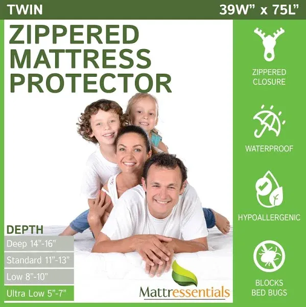 Zippered Twin Mattress Protector (5"-7" Depth) - Bed Bug Waterproof Mattress Cover, Premium Quality Hypoallergenic Encasement White