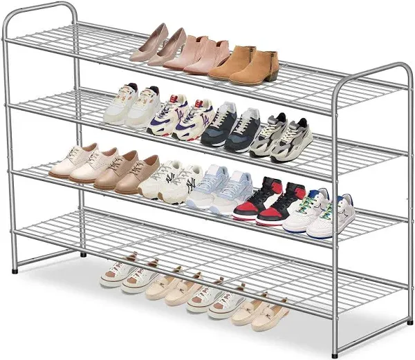 AOODA 4 Tier Long Shoe Organizer for Closet, Wide Stackable Metal Shoe Rack for 