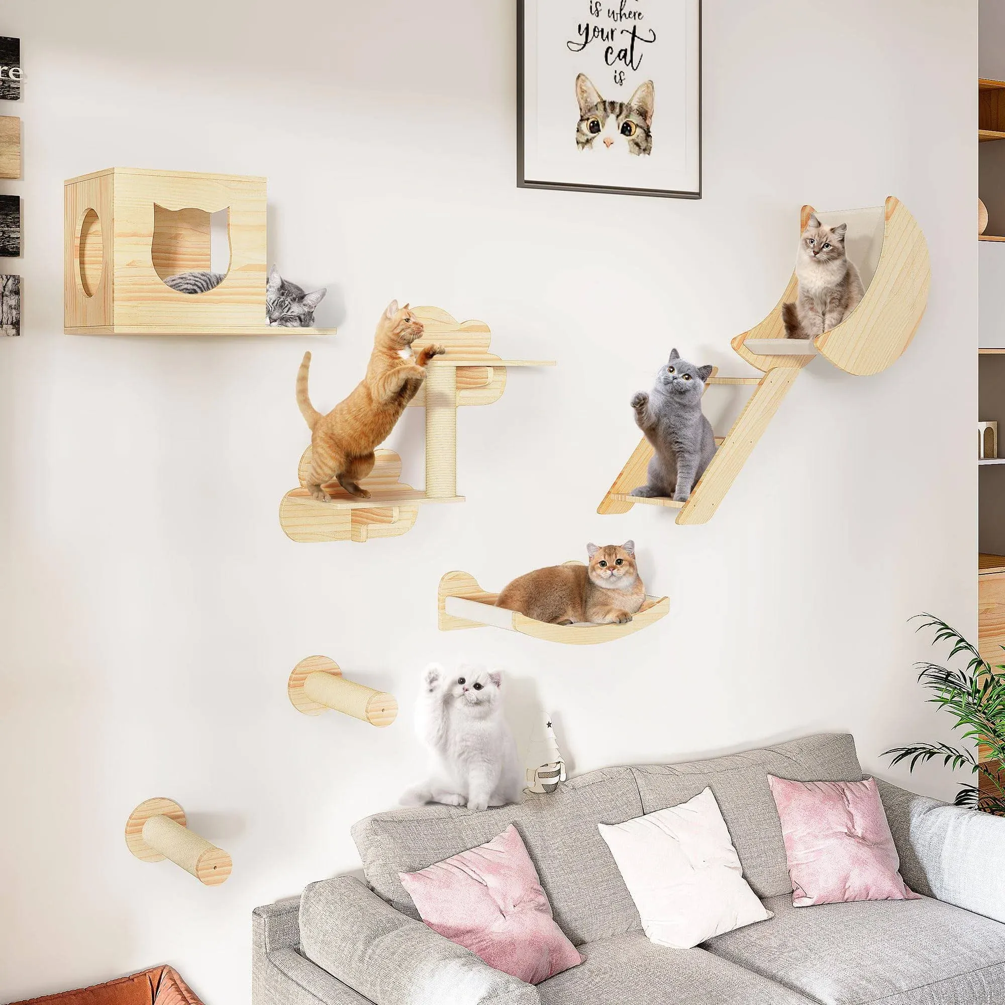 DWVO Cat Wall Shelves and Perches for Wall, Solid Wood Wall Mounted Cat Furniture, Set of 9 Cat Climbing Shelves with Moon Cat Wall House, Cat Wall