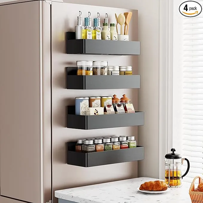 4 Pack Plastic Moveable Fridge Magnetic Spice Racks with 4 Plastic Hooks &1 Pack Metal Paper Towel Holder