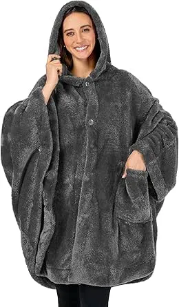 PAVILIA Angel Wrap Hooded Blanket Poncho, Wearable Blanket Throw Wrap Poncho for Women Adult, Cozy Fluffy Sherpa Shawl Cape